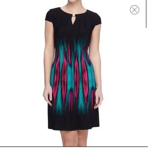 Tahari size 12 black cap sleeve dress with multicolor ruching…flattering dress!